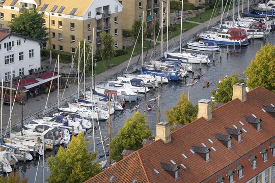 View from the Vor Frelsers Kirke to moored sailing boats, Christianshavn Canal, Christianshavn district, Copenhagen, Denmark