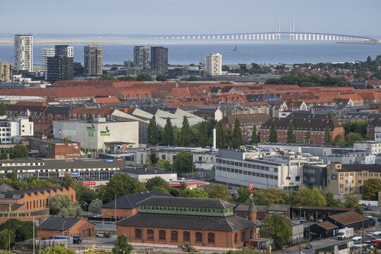 View from the Vor Frelsers Kirke to the island of Amager and the &Oslash;resund Bridge or &Oslash;resundsbron, Copenhagen, Denmark