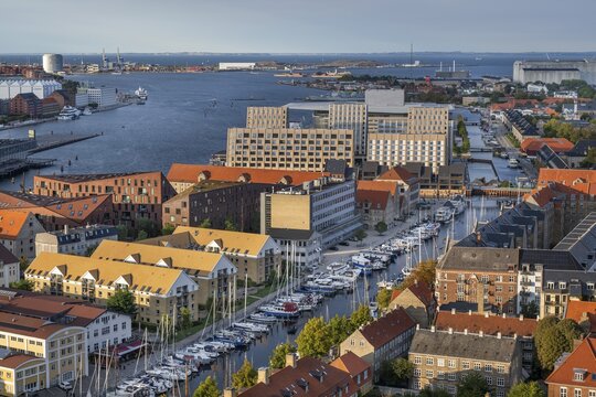 View from the Vor Frelsers Kirke to the Christianshavn Canal and the neighbourhoods Christianshavn, Gammelholm, &Oslash;sterport and Nordhavn, Copenhagen, Denmark