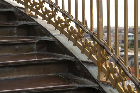 Staircase and safety gate on the tower of the Evangelical Lutheran Church of the Saviour, in front of Frelsers Kirke, Christianshavn, Copenhagen, Denmark