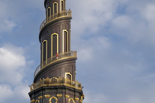 Detail of the corkscrew-shaped tower of the Evangelical Lutheran Church of the Saviour, in front of Frelsers Kirke, Christianshavn, Copenhagen, Denmark