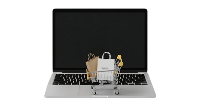 Online shopping concept with miniature shopping cart and bags on laptop keyboard, symbolizing e-commerce and digital retail.
