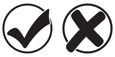 Check mark and X mark icon. Checkmark and x mark icon for apps and websites. Green and red check mark icon on transparent background. Vector illustration
