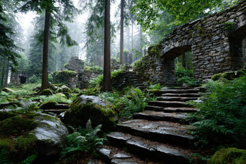 Stone steps leading to mossy ruins in a misty forest