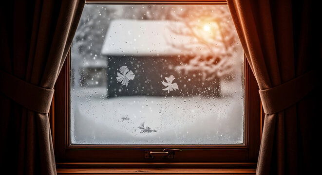 Cozy winter scene through a window with snowfall and rustic wooden cabin backdrop