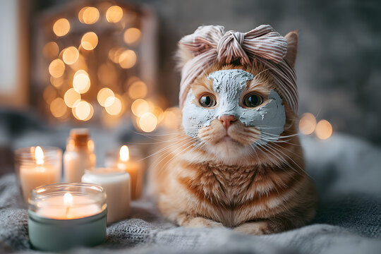 Cat enjoying a spa day with a face mask, candles, and relaxing ambiance in a cozy room