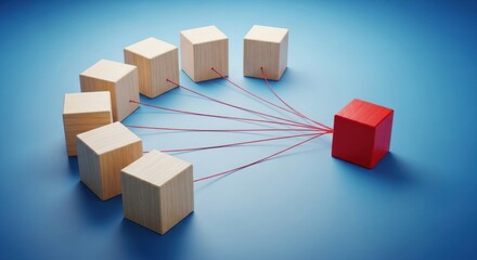 Wooden blocks connected by red strings to a single red block.