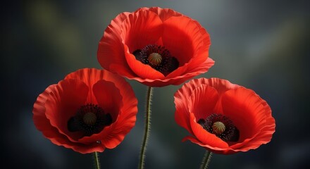 Obraz premium Closeup of three vibrant red poppies with dark centers, symbolizing remembrance and beauty in nature