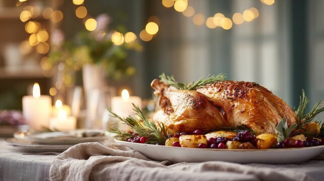 Delicious roasted turkey served with seasonal fruits and herbs on a festive dining table illuminated by soft candlelight