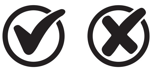 Right and wrong vector icon set rounded color black outline, flat rounded check mark, cross, x mark, circle shape thin line tick mark symbol. Approval and rejection signs isolated on white background