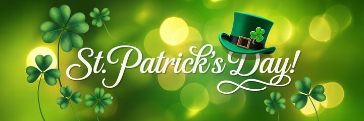 Celebrate St. Patrick's Day with vibrant shamrocks and a festive green hat, perfect for festive greetings and Irish holiday promotions