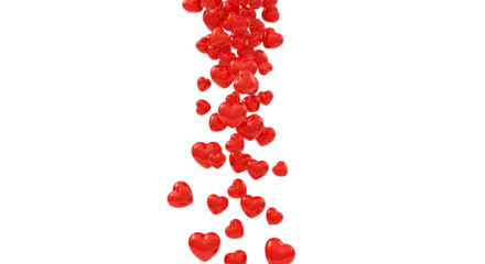 Vibrant glossy red hearts cascade downwards, symbolizing love, passion, and romance for romantic celebrations and events.
