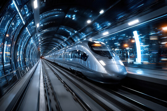 Modern high speed train in tunnel at night - Powered by Adobe