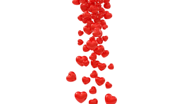 Vibrant glossy red hearts cascade downwards, symbolizing love, passion, and romance for romantic celebrations and events.