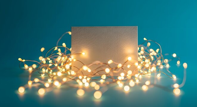 Warm LED fairy lights illuminating a decorative box on a teal background