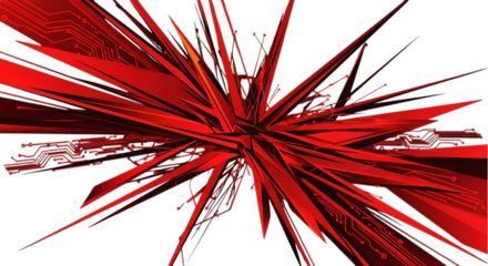 Dynamic abstract red geometric explosion with futuristic circuit board elements, creating an energetic modern technology background.