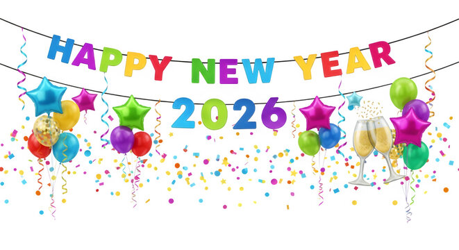 Vibrant happy new year 2026 celebration with colorful balloons confetti and champagne glasses