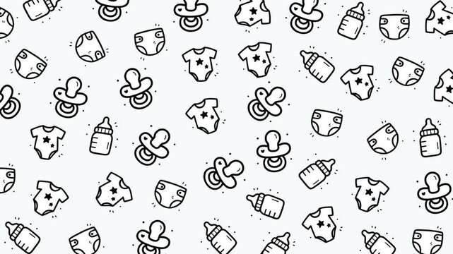 Doodle baby pattern with black and white baby related items. Suitable for patterns, baby shower invitations, nursery decor, and clothing.