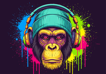 A stylish vector illustration of a cool chimpanzee wearing a beanie and headphones, set against a dynamic background of neon graffiti paint splatters © Skyframe