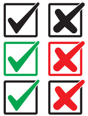 Set of tick mark in green and cross mark in red colour and stroke with white background, check and cross mark icon set. checkmark and x mark icon use for apps and website. checkmark, icon, vector