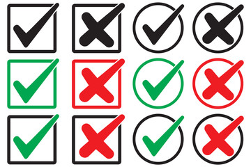 Set of tick mark in green and cross mark in red colour and stroke with white background, check and cross mark icon set. checkmark and x mark icon use for apps and website. checkmark, icon, vector