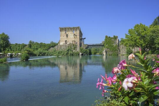 Mincio River and Visconti Bridge from 1395, Borghetto, Valeggio sul Mincio, Province of Verona, Italy