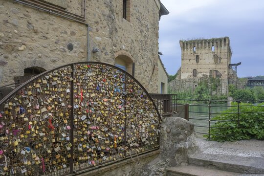 Love locks by an old mill wheel, Borghetto, Valeggio sul Mincio, Province of Verona, Italy