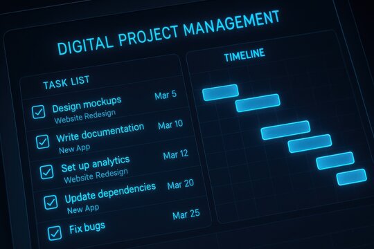 Digital project management display showing task list and timeline for website redesign and app development. Concept of organization, efficiency, and technology in teamwork.