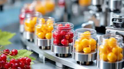 Colorful jars filled with red and yellow fruits on a production line, highlighting food processing and packaging technology