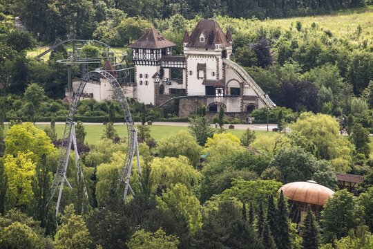 Castle, roller coaster, Tripsdrill amusement park, Cleebronn, Baden-W&uuml;rttemberg, Germany
