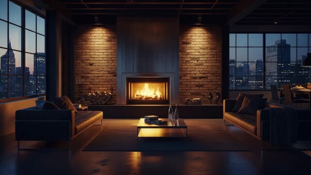 Cozy industrial loft living room with a fireplace and city view at night. Modern urban apartment interior with brick wall, comfortable sofas, and warm atmospheric lighting.

