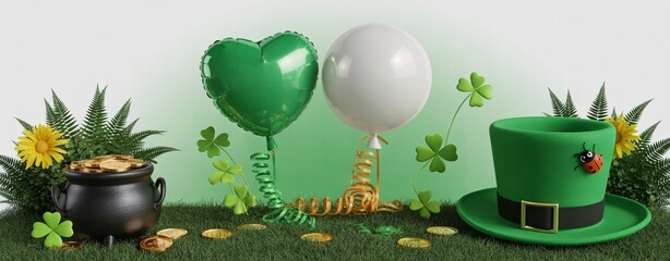 Vibrant St. Patrick's Day celebration scene with a pot of gold, lucky shamrocks, festive balloons, and a charming leprechaun hat adorned with a ladybug.