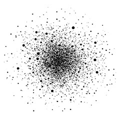 A dense cluster of black dots and lines radiating outwards on a white background creating a chaotic effect