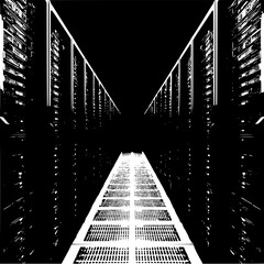 A perspective view of a server room with racks and a raised floor in black and white rendering style