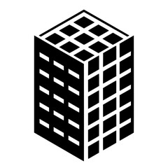 Isometric view of a tall building with multiple windows arranged in a grid pattern in black and white