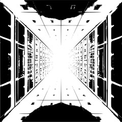Perspective view of a long corridor with server racks and bright light at the end in black and white