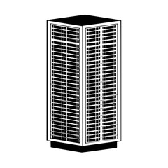 Isometric view of a tall building with a grid pattern on its facade in black and white style design