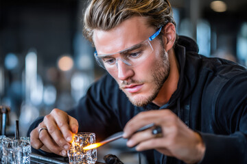 Artisan Craftsman Using Torch on Glassware in Workshop