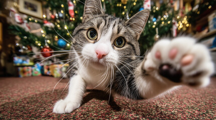 cat looking at the camera against the background of a Christmas tree