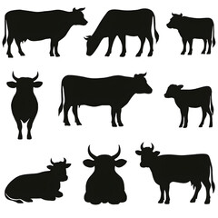 Set Cow silhouette vector style with white background