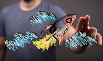 A creative illustration depicts a person reaching towards a rocket. Perfect for themes of business,...