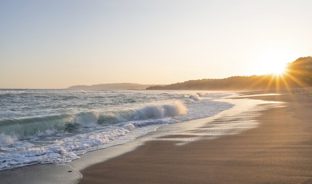 Sandy beach beach and sea at sunset, sun star, Playa Cocalito, coastal landscape, Pacific coast, Nicoya Peninsula, Puntarenas Province, Costa Rica