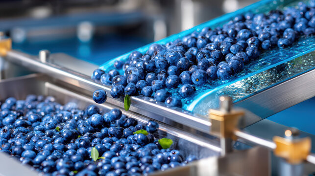 Fresh blueberries flowing on a conveyor belt in a processing facility, showcasing quality control in fruit production