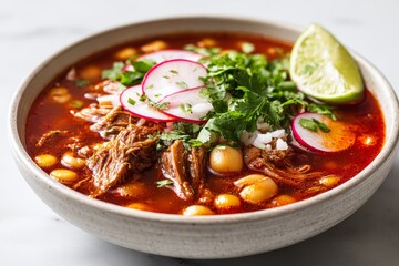 Hearty bowl of traditional Mexican soup filled with tender meat, hominy, fresh garnishes, and lime wedge ready to enjoy at a local restaurant in the afternoon