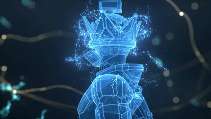Futuristic blue wireframe boxer with glowing crown and network connections. - Powered by Adobe