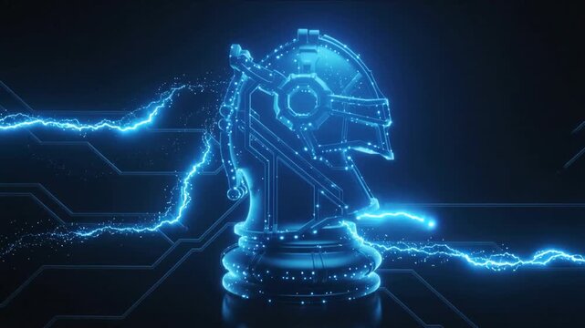 Futuristic Blue Neon Chess Knight with Electrical Discharge and Circuit Board Background strategy game.