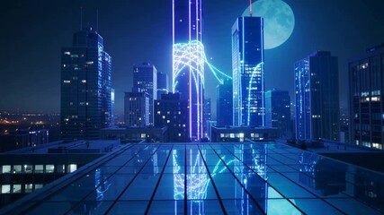 Futuristic city skyline at night with glowing neon data streams and a large full moon urban. - Powered by Adobe