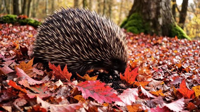 Spiny echidna walking through a colorful autumn forest.