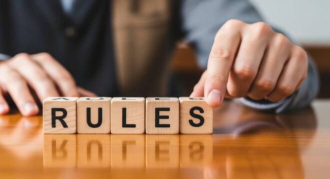 Hand sets wooden blocks spelling the word rules on table.