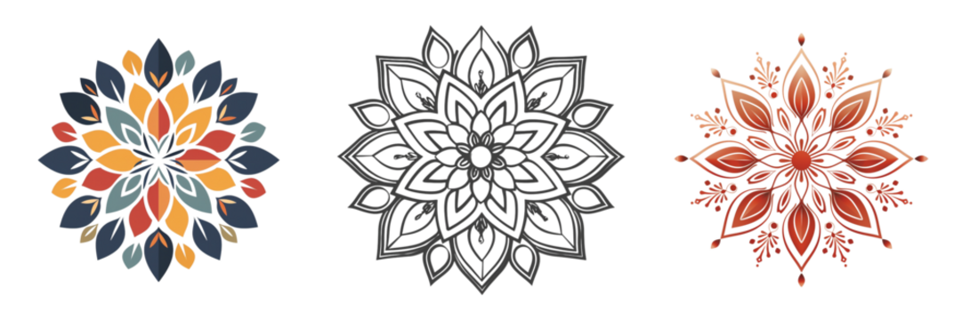 Beautiful Mandala Variations with Symmetrical Floral Leafy Designs - Powered by Adobe
